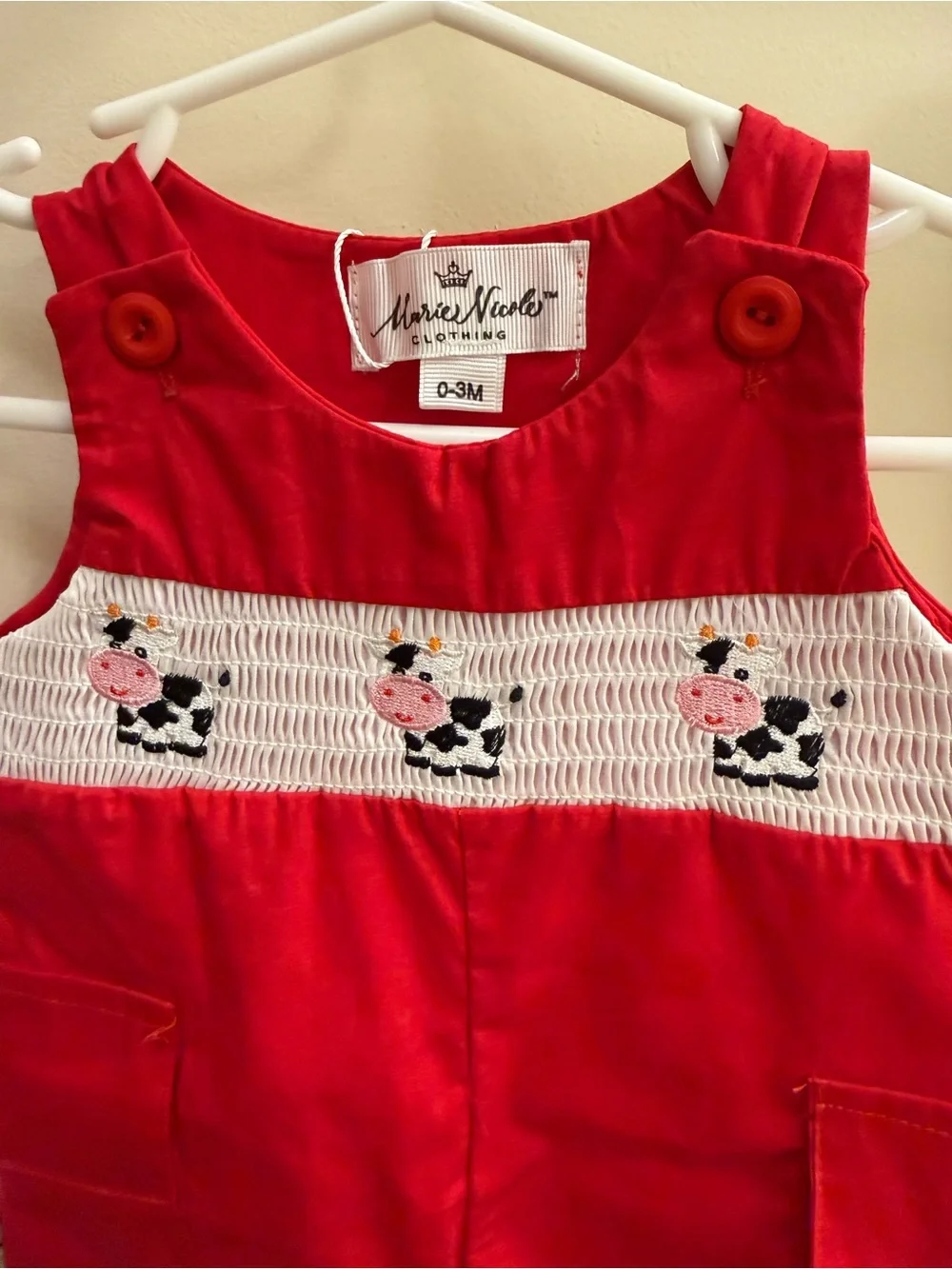 Marie Nicole Red Smocked Cow Applique Baby Romper 0-3 months
